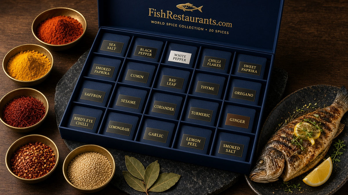 FishRestaurants.com World Seafood Spice Collection box in navy and gold with 20 seafood spice blend pouches
