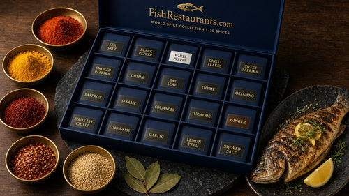 FishRestaurants.com World Seafood Spice Collection box in navy and gold with 20 seafood spice blend pouches