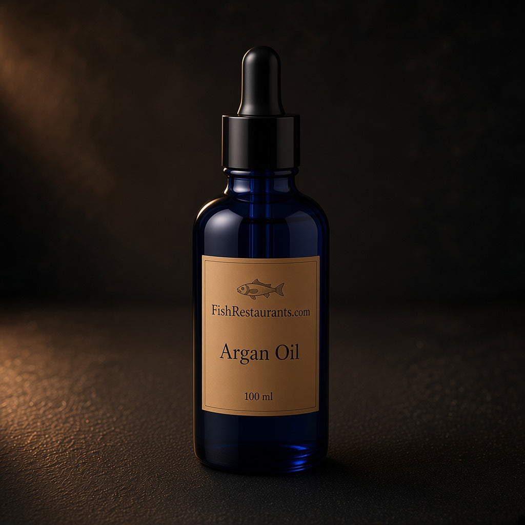 Navy bottle of FishRestaurants.com argan oil, 100 ml