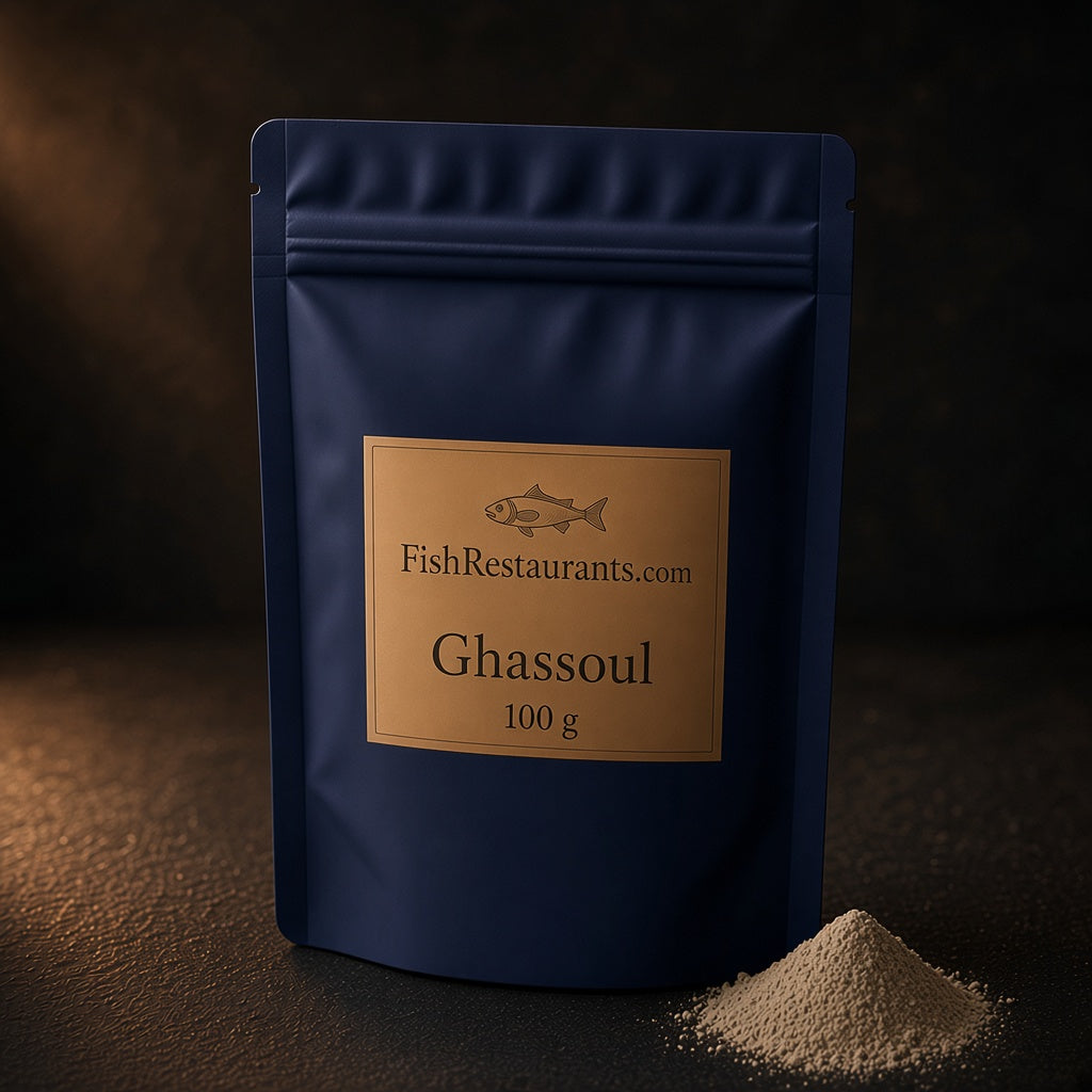 Navy pouch of FishRestaurants.com ghassoul clay, 100 g